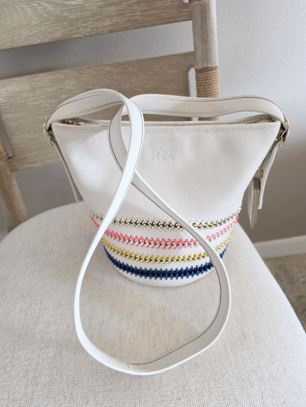 White COACH Bucket Crossbody Bag with Multicolor Trim - Picture 3 of 7